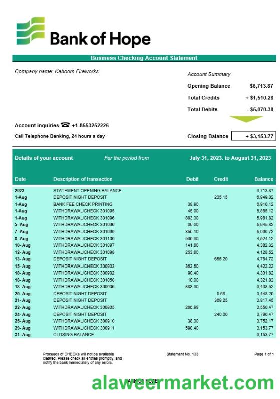Bank of Hope company checking account statement Word and PDF template